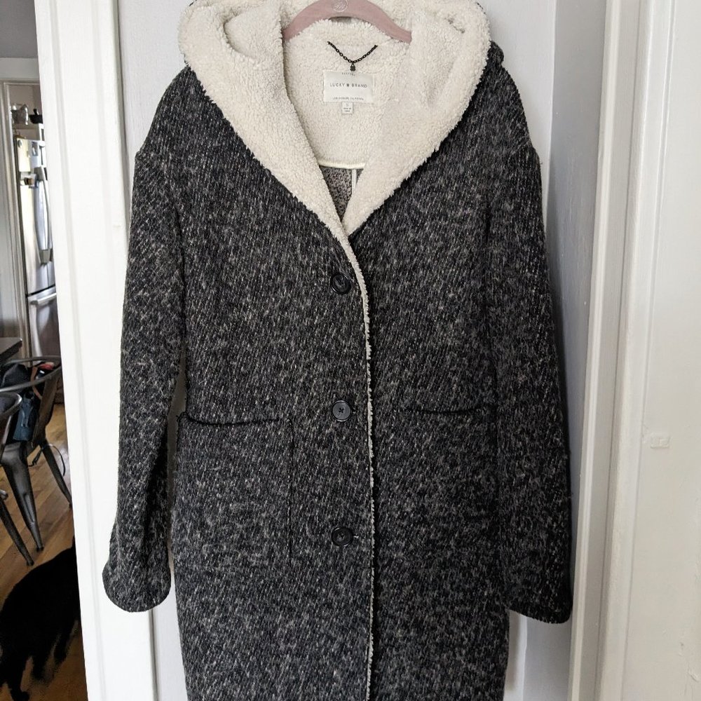 Lucky Brand Grey Tweed Sherpa-Lined Hood Sweater Coat
